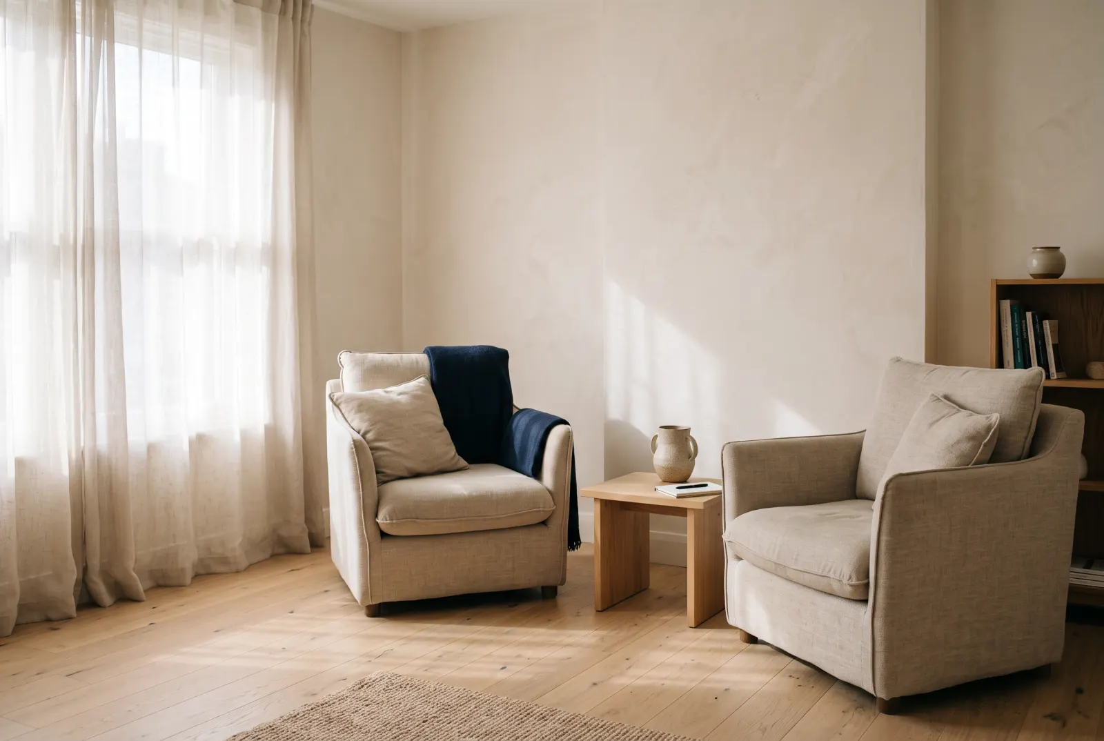 A quiet consultation room with soft daylight, two upholstered chairs and a low table