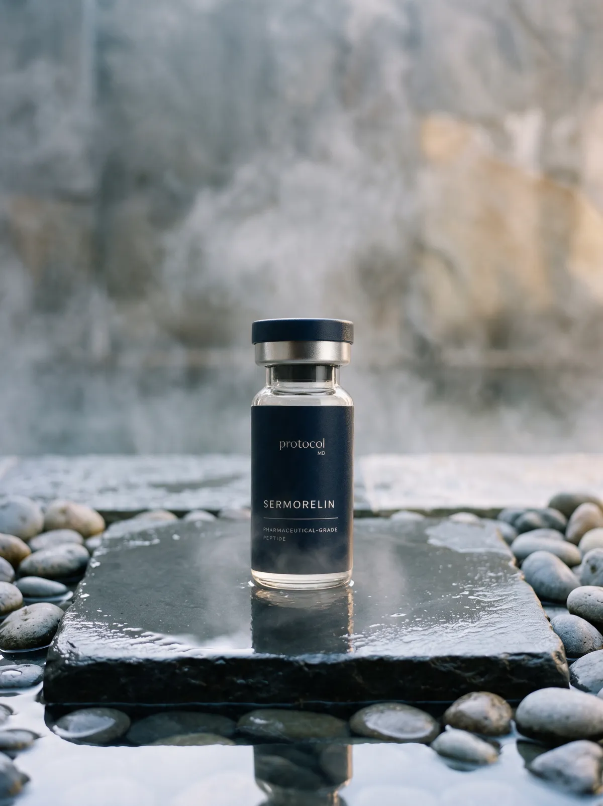 Protocol MD Sermorelin vial on a wet stone with rising steam