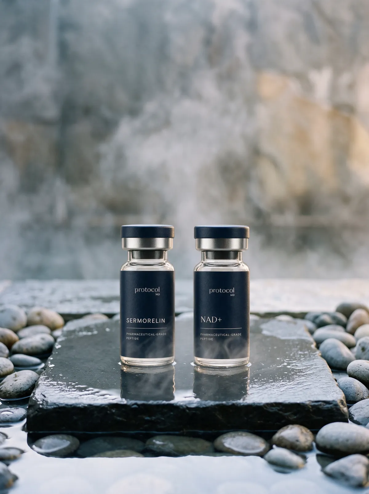 Protocol MD Sermorelin and NAD+ vials on a wet stone with rising steam