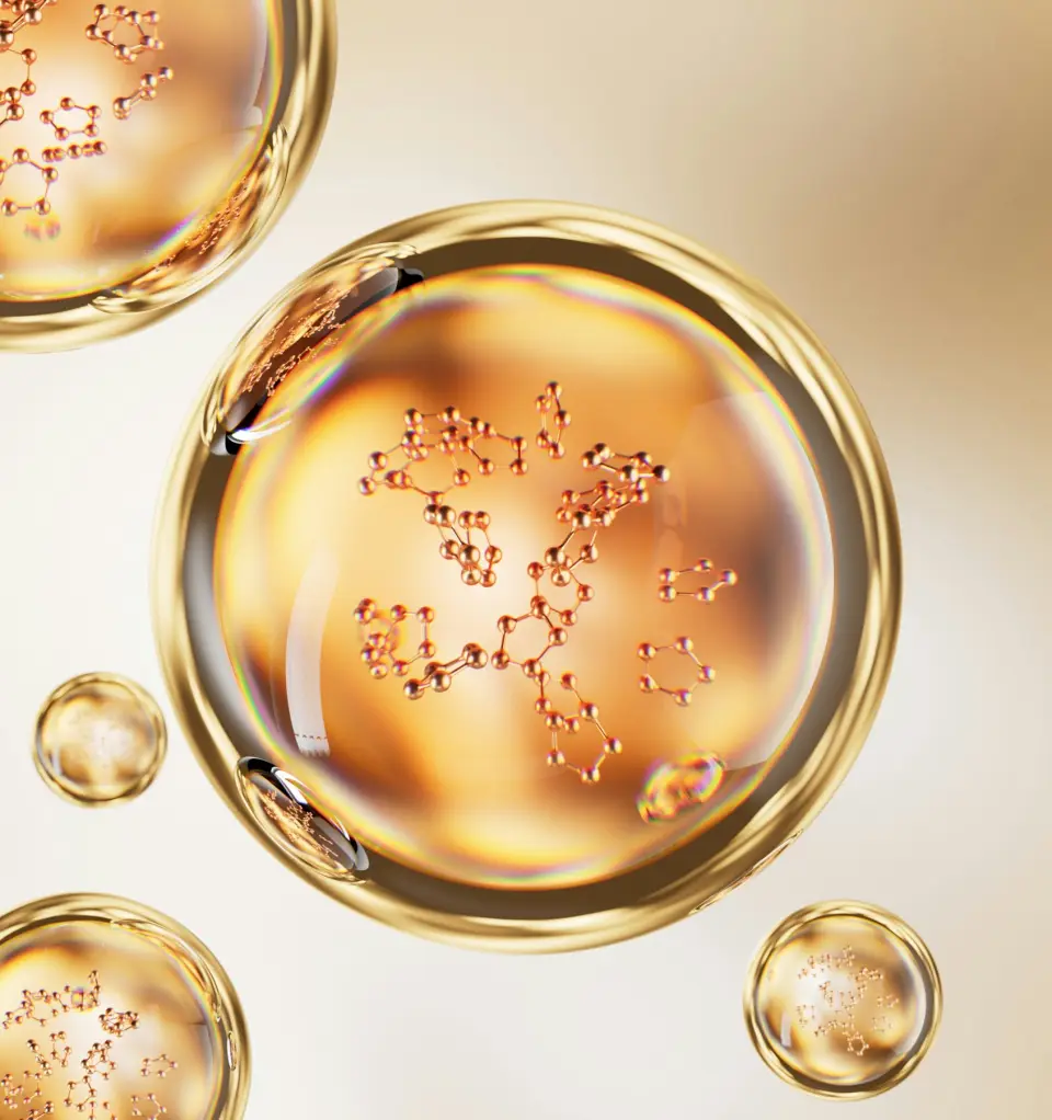 Abstract rendering of peptide molecules suspended in golden serum spheres — sermorelin's mechanism and side-effect profile.