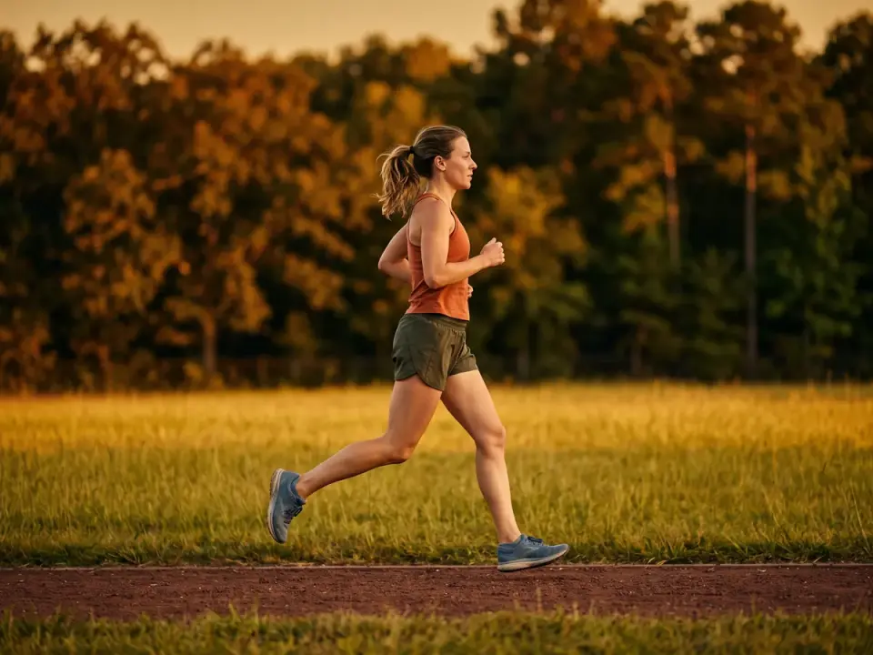 Woman running on a track at golden hour