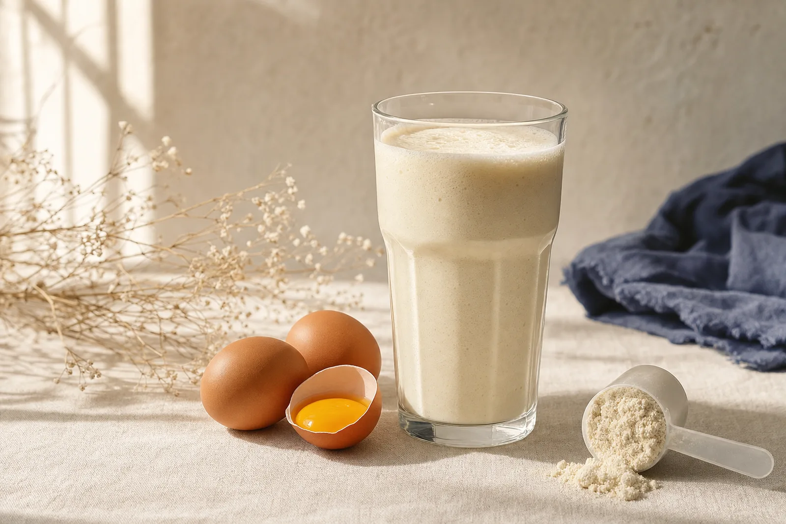 A protein shake and eggs, both high in sulfur-containing amino acids