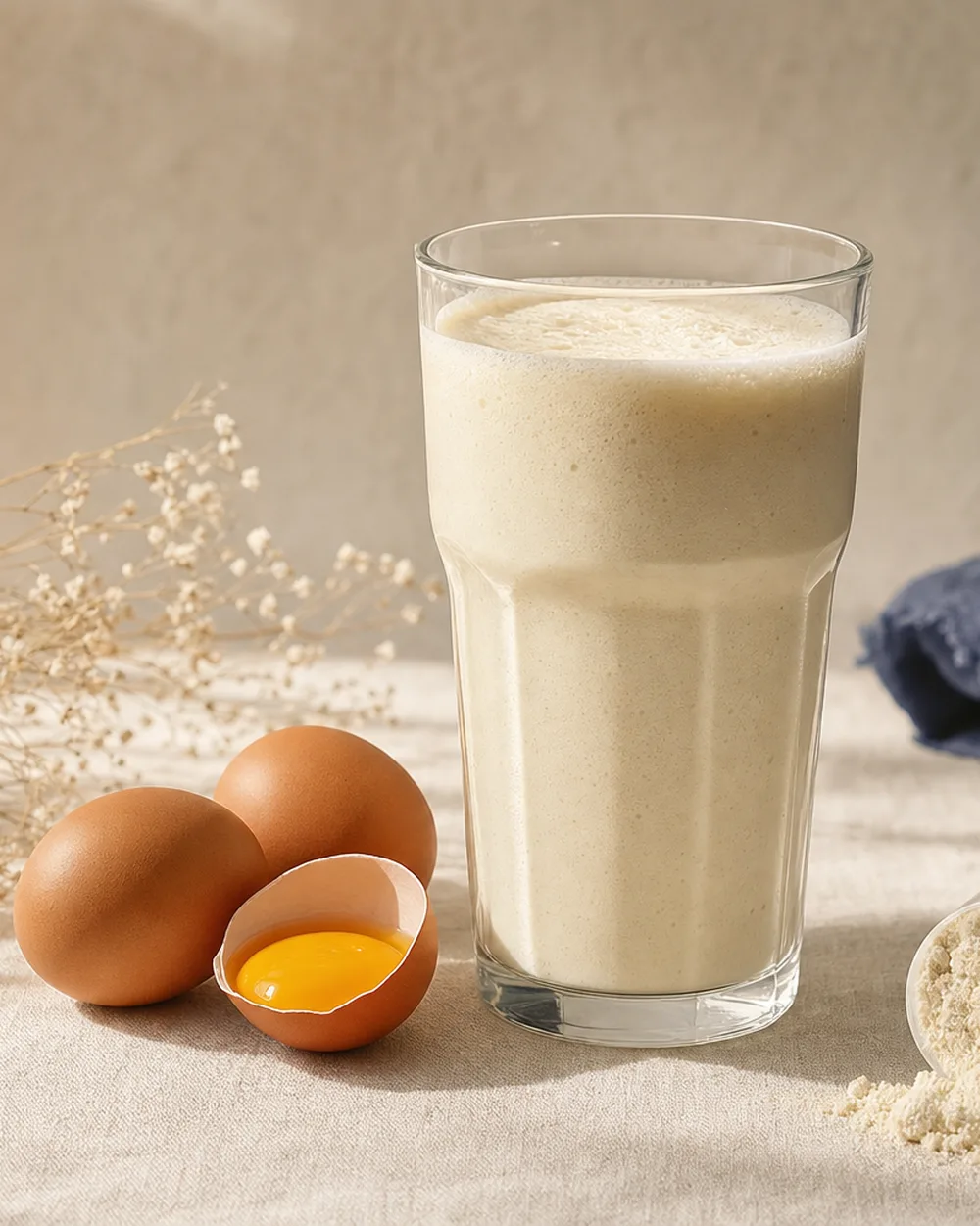 A protein shake and eggs, both high in sulfur-containing amino acids
