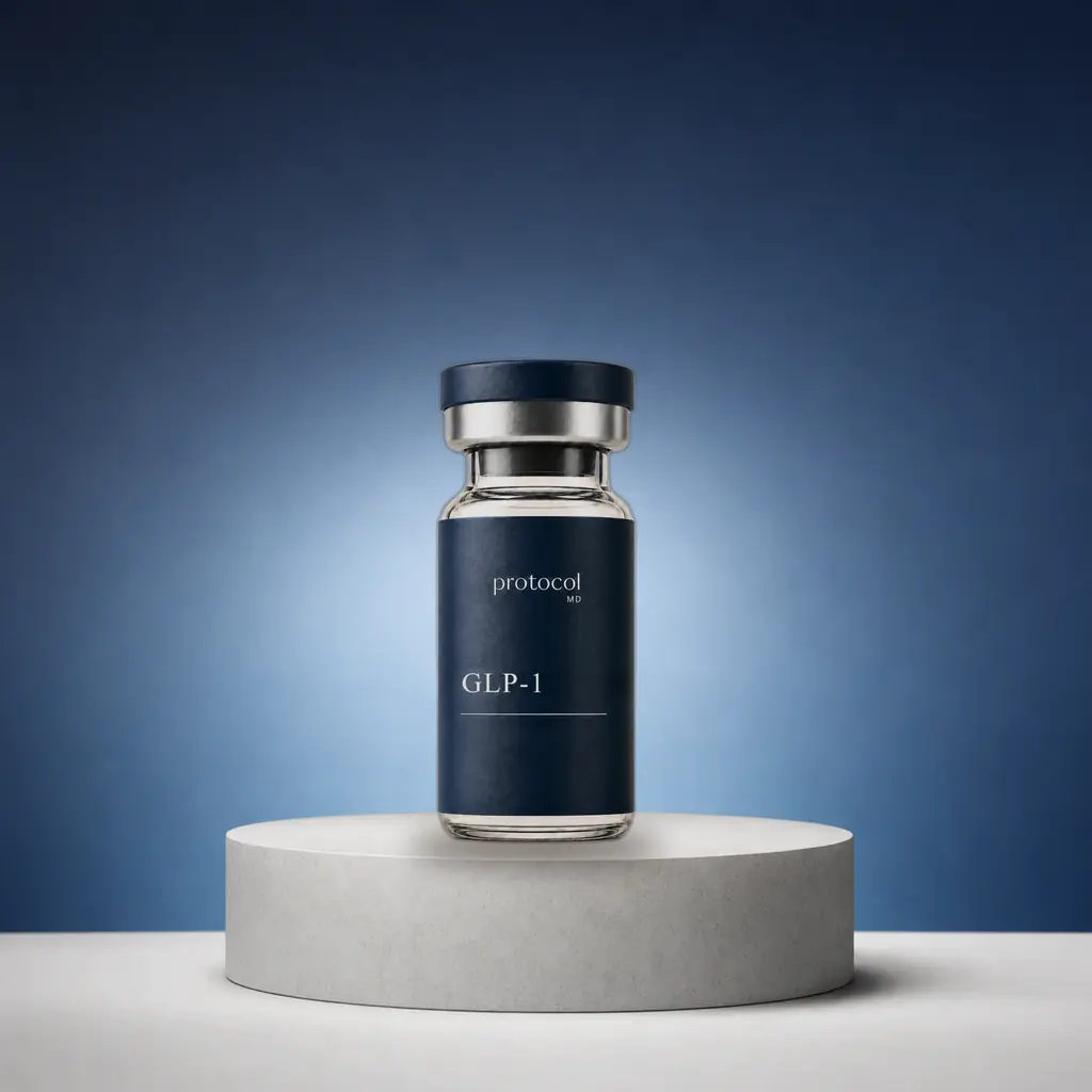 Protocol MD GLP-1 vial on a stone plinth against deep blue
