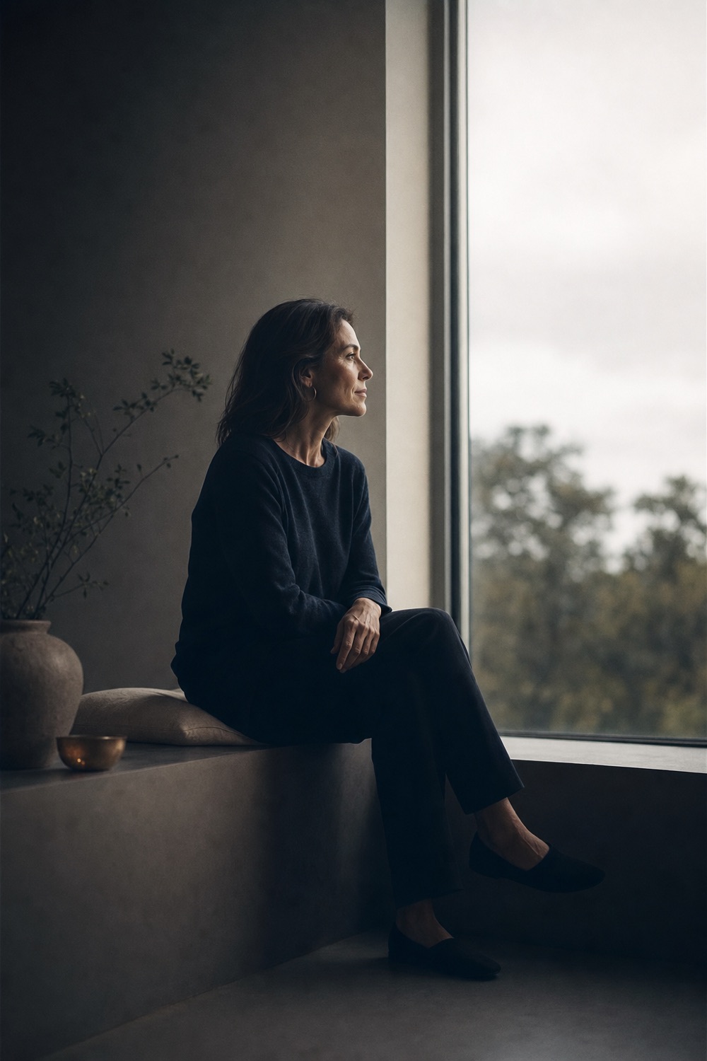 A woman sitting by a tall window in a quiet room, looking out at overcast daylight