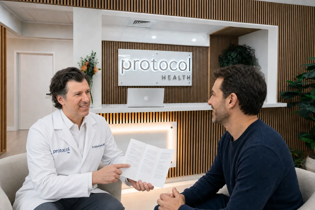 Dr. Richard Dentico walking a patient through a pamphlet at the Protocol Health reception in Scarsdale, New York