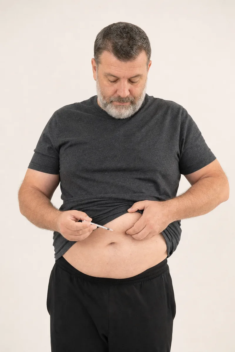 Man calmly giving himself a small weekly injection at home