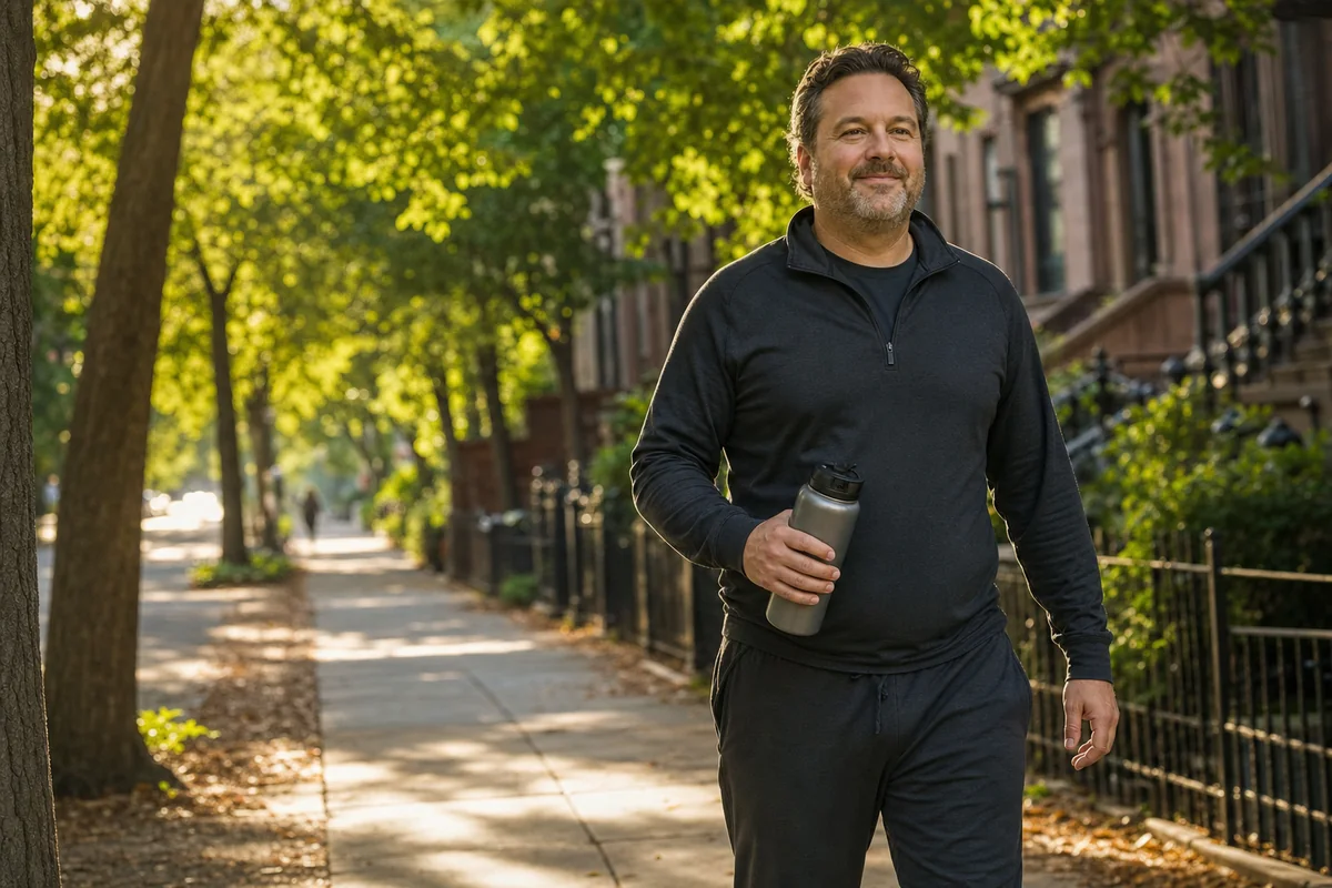 Man on a morning walk along a tree-lined street, water bottle in hand