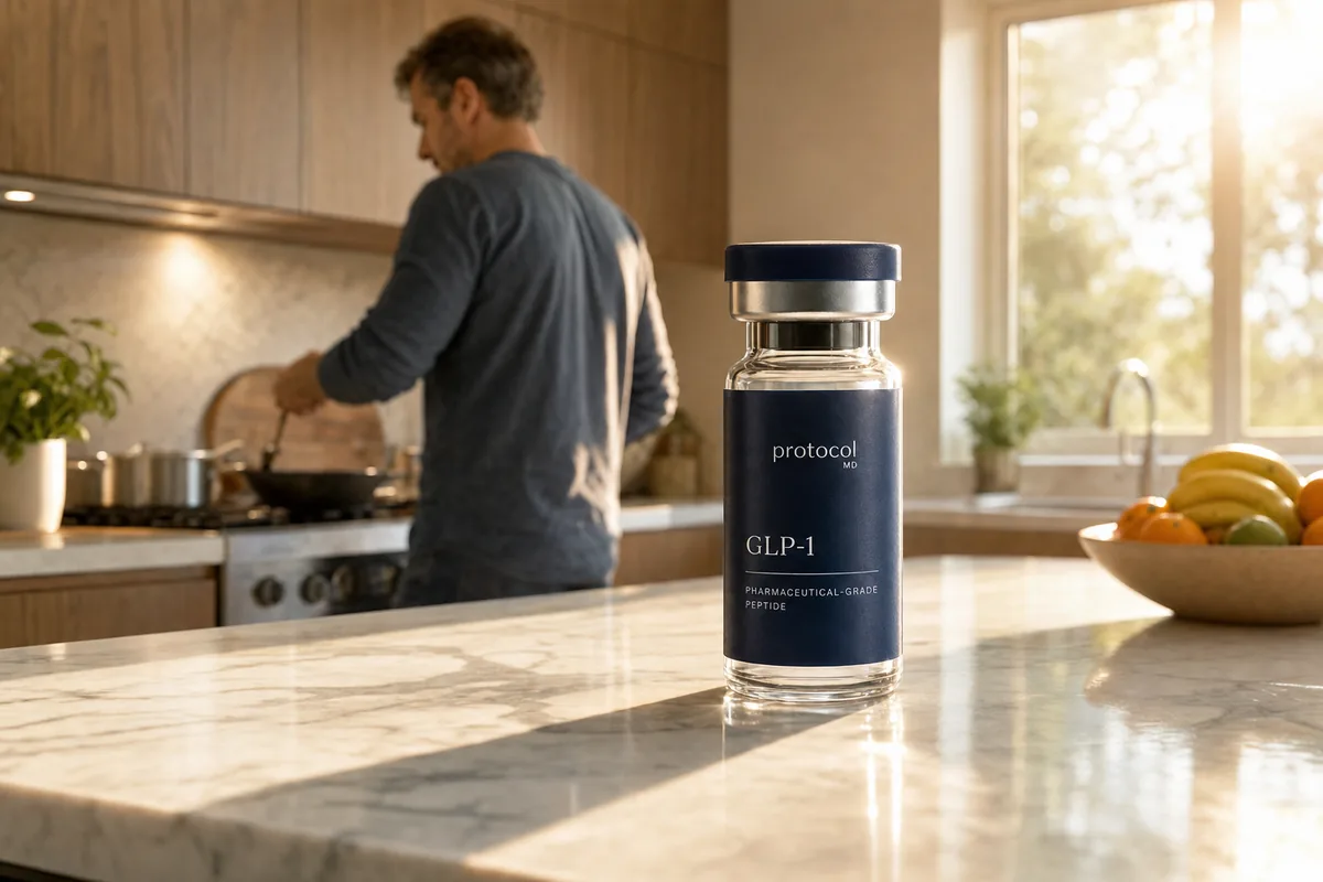 Protocol MD compounded GLP-1 vial on a kitchen island, a man cooking in the background