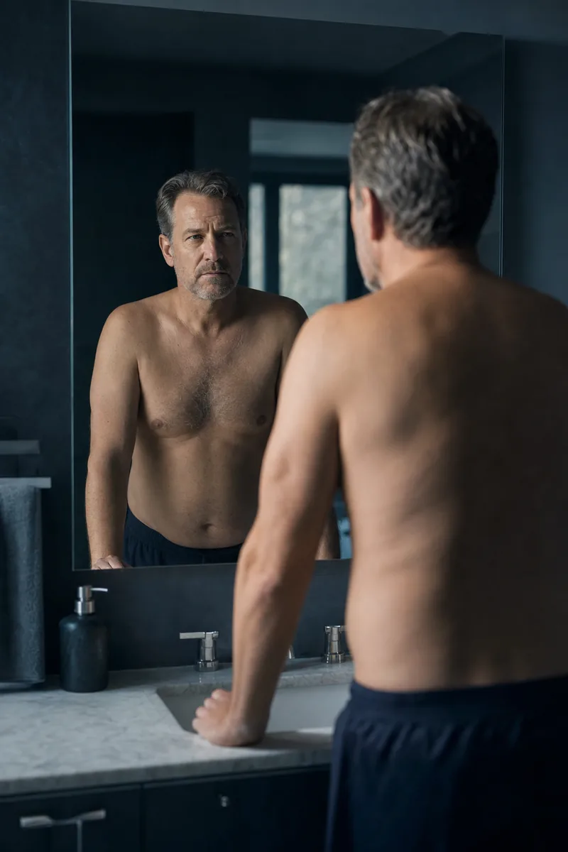 Man taking an honest look at himself in the mirror