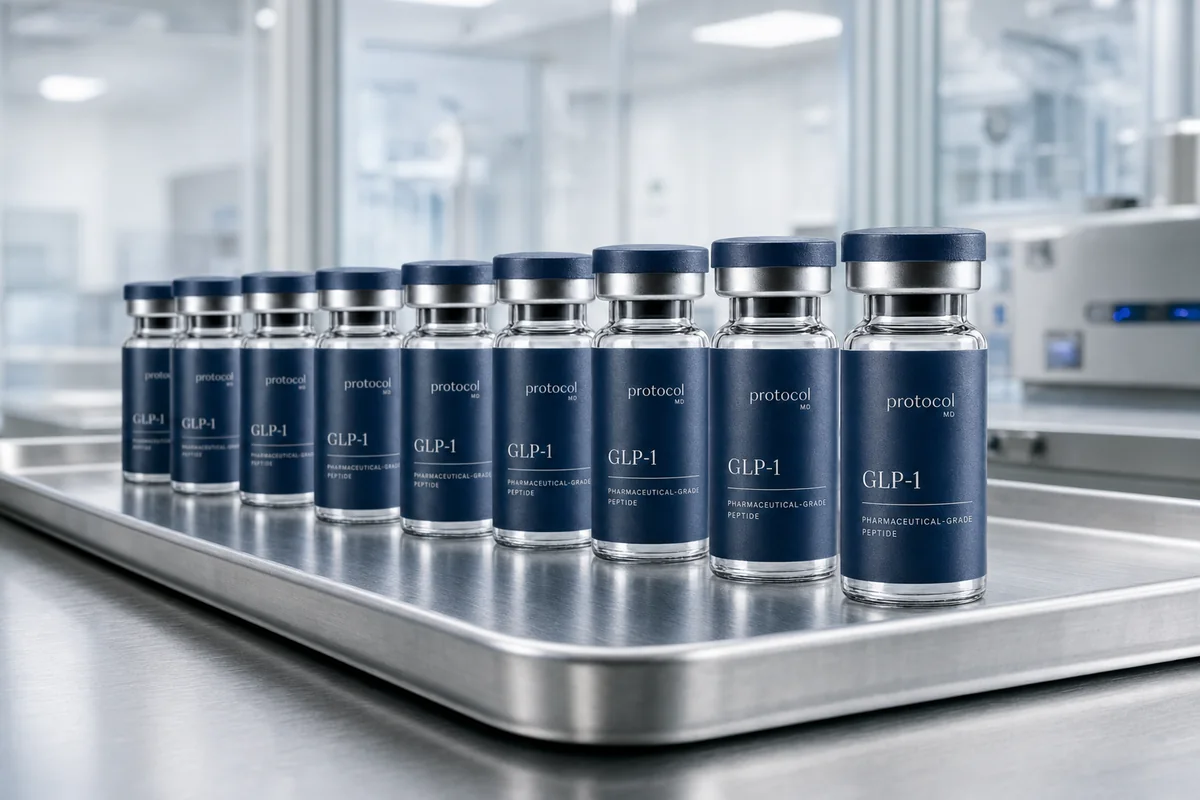 Row of injection vials on a stainless tray in the compounding cleanroom