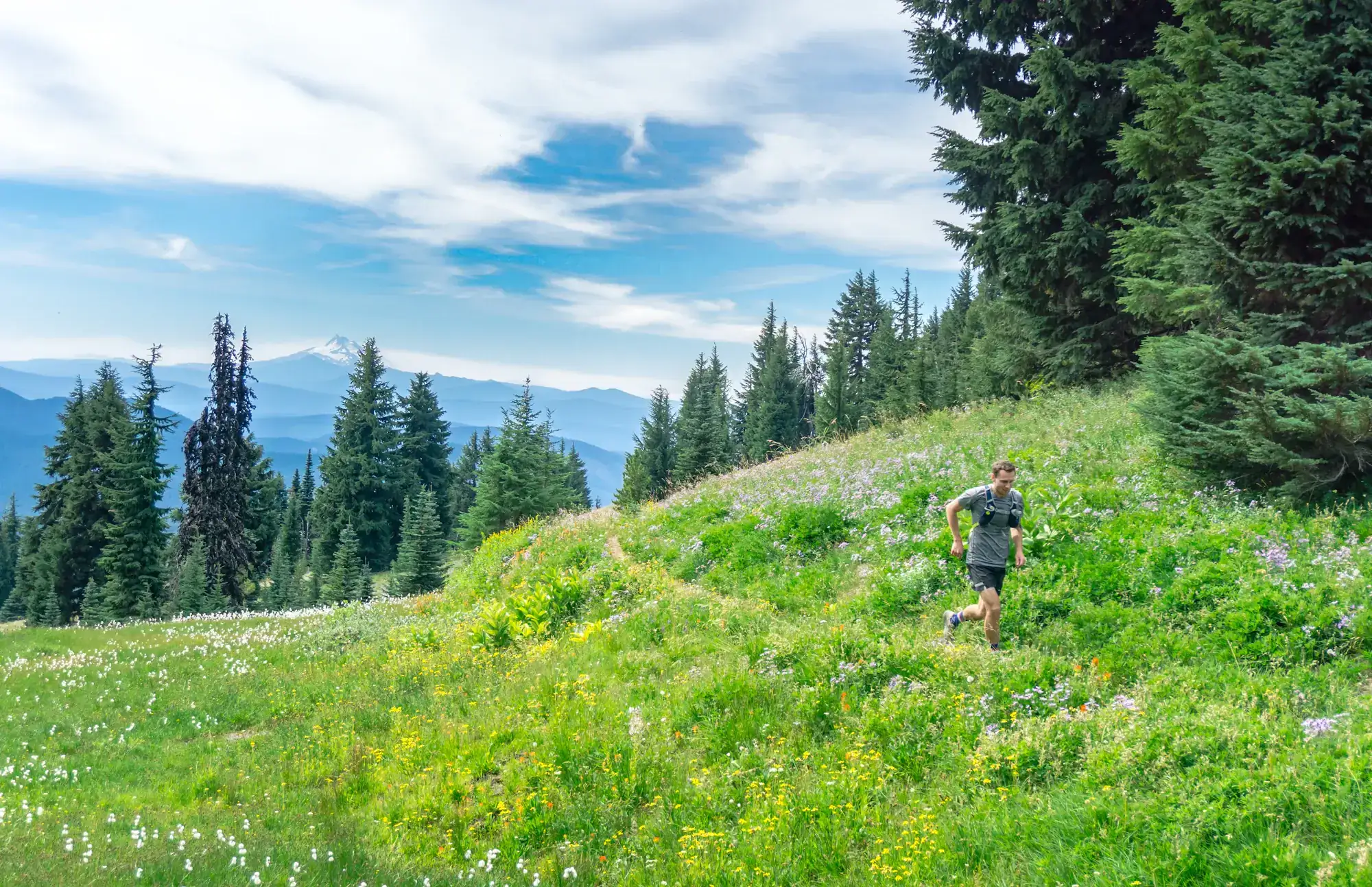 A man trail running through an alpine meadow below snow-capped peaks