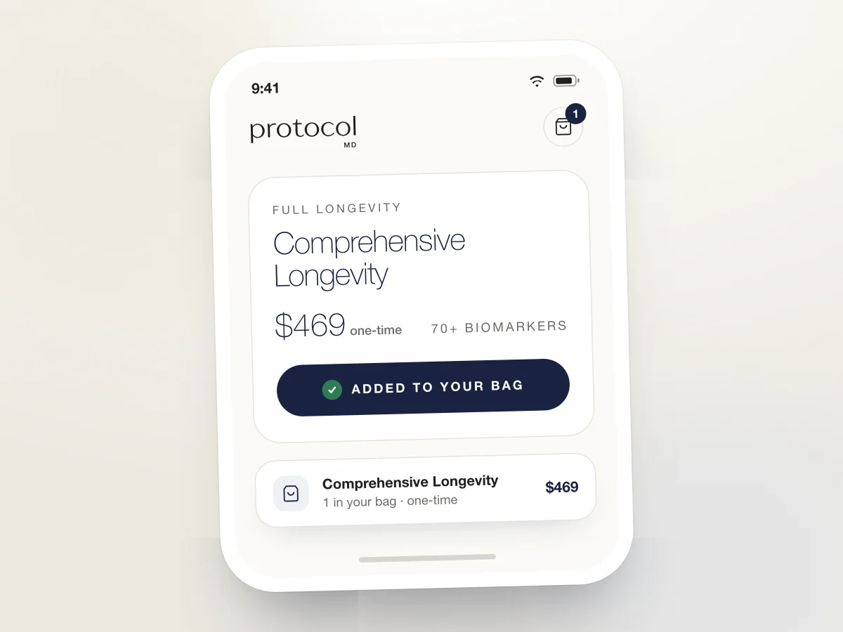 Ordering the Comprehensive Longevity blood panel in the Protocol MD app and adding it to the cart