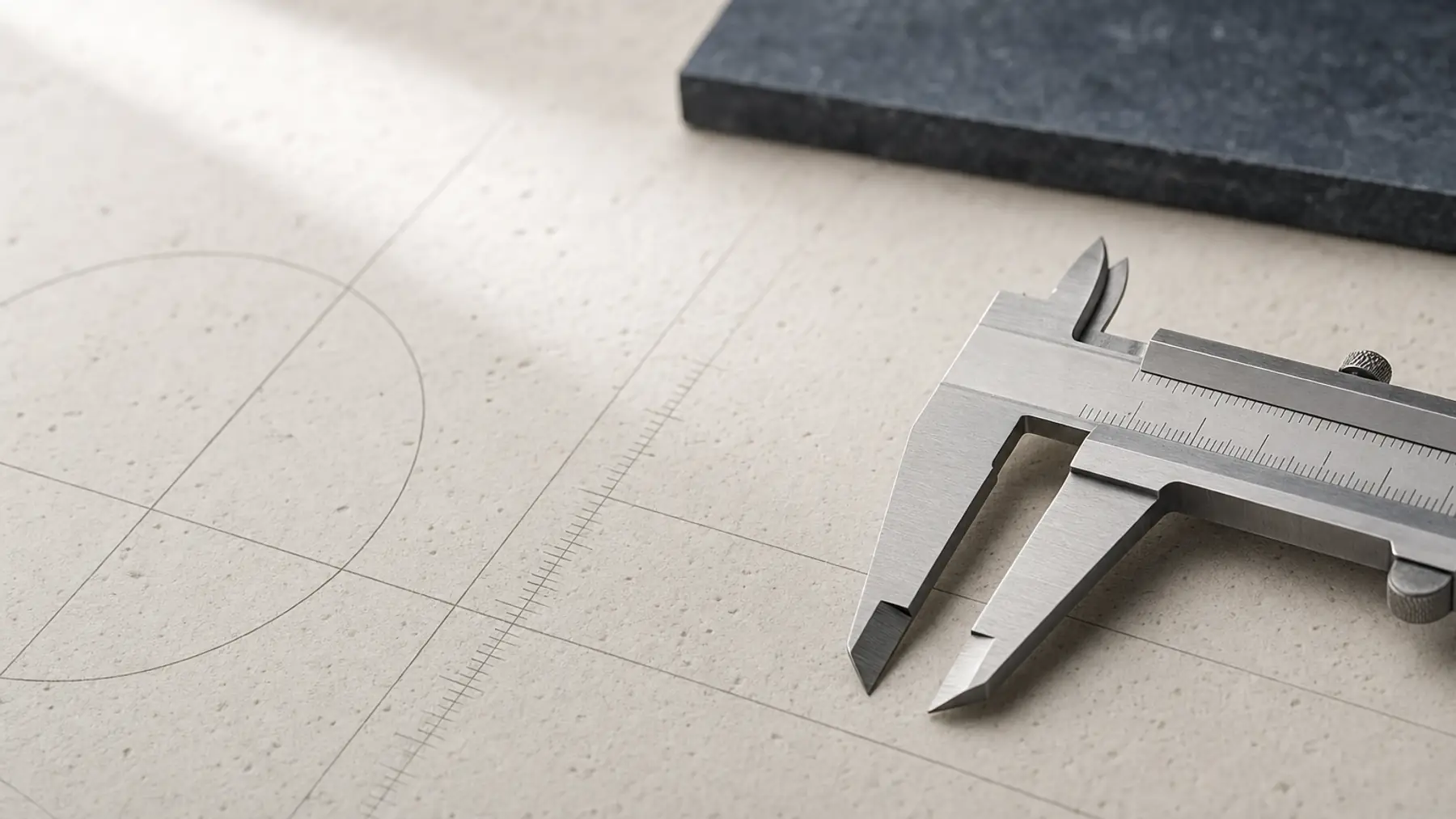 Vernier calipers resting on pale stone beside faint drafting lines and a measured arc