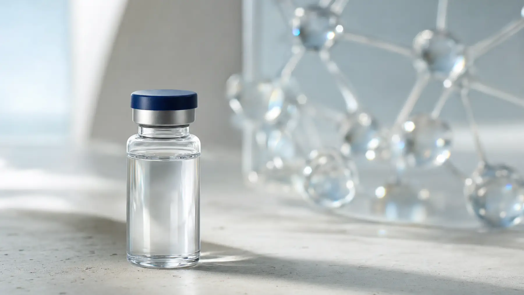 A clear glass medical vial with a navy cap on pale stone, a glass ball-and-stick molecular model out of focus behind it